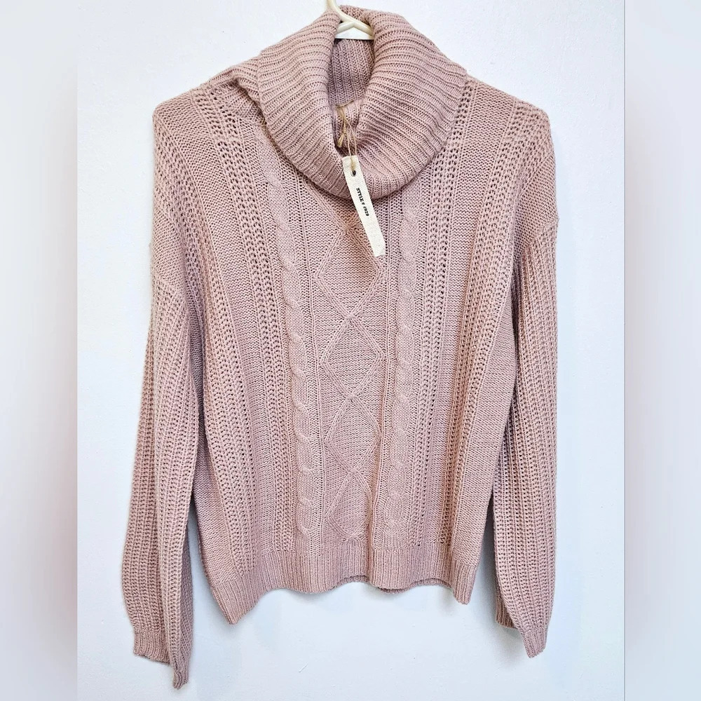 Moral Fiber Cable Knit Cowl Neck Boxy Comfort Pastel Sweater sz Large nwt